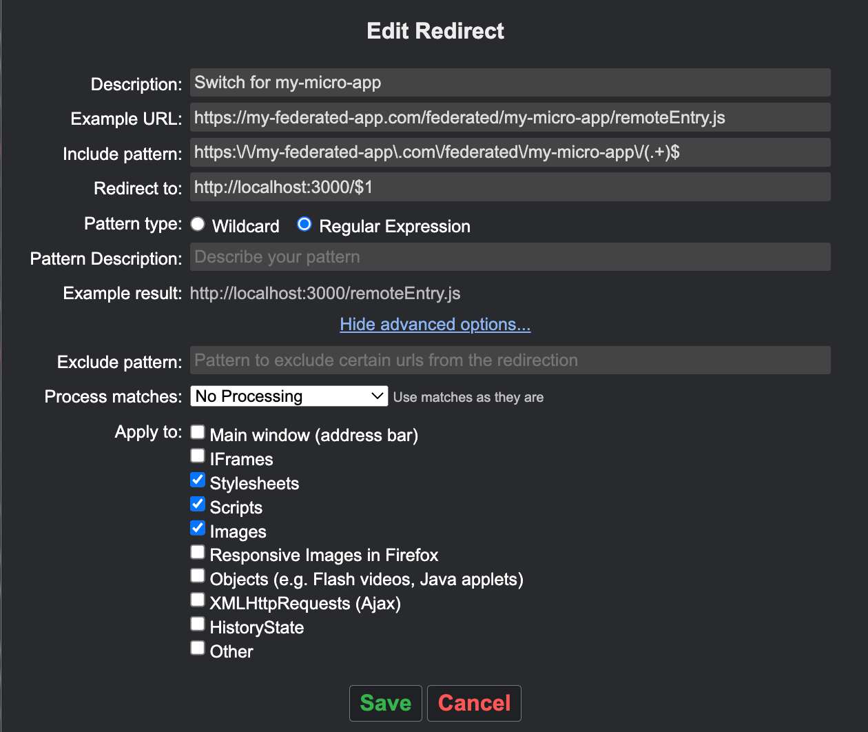 Example of redirector configuration